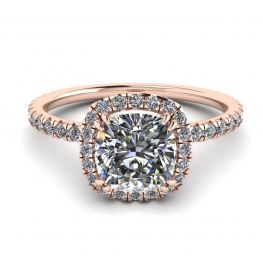 Bague de fiançailles halo de diamants coussin en or rose