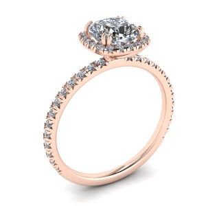 Bague de fiançailles halo de diamants coussin en or rose - Photo 3