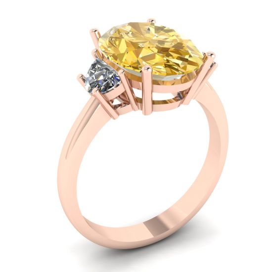 Diamant jaune ovale avec demi-lune latérale diamants blancs or rose,  Agrandir l'image 4