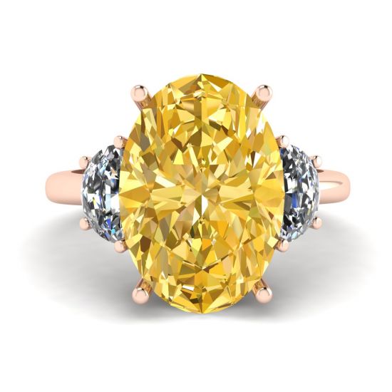 Diamant jaune ovale avec demi-lune latérale diamants blancs or rose, Image 1
