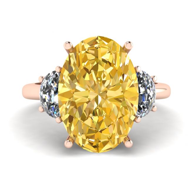 Diamant jaune ovale avec demi-lune latérale diamants blancs or rose