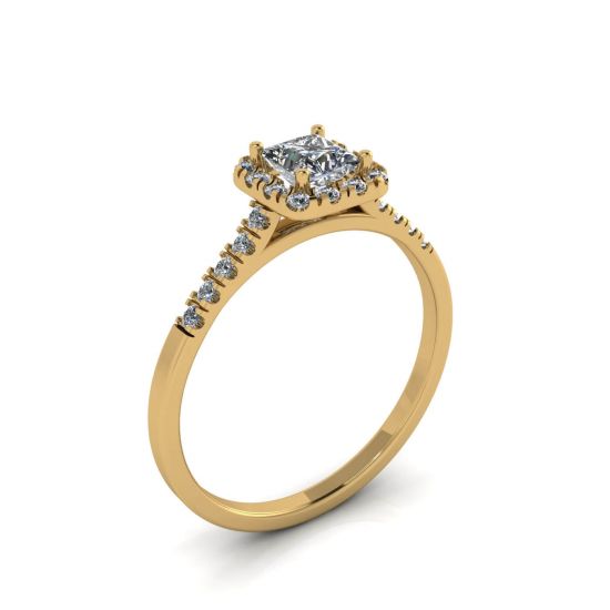 Bague diamant taille princesse halo en or jaune, More Image 1