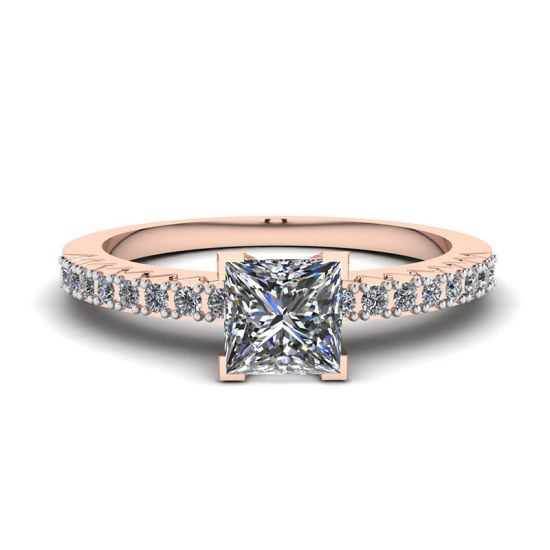 Bague en diamant taille princesse en V avec pavé latéral en or rose, Agrandir l'image 1