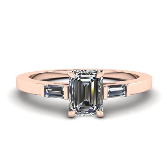 Bague diamant taille émeraude et baguette latérale or rose, Agrandir l'image 1