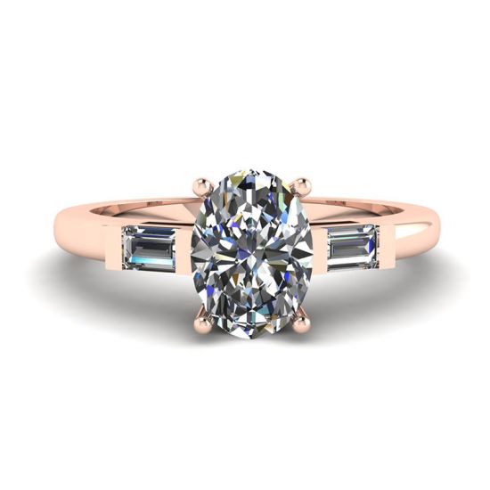 Bague ovale diamant baguettes latérales en or rose, Agrandir l'image 1