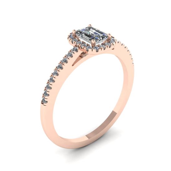 Bague en diamant taille émeraude avec halo en or rose,  Agrandir l'image 4