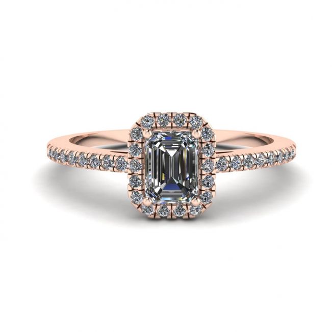 Bague en diamant taille émeraude avec halo en or rose