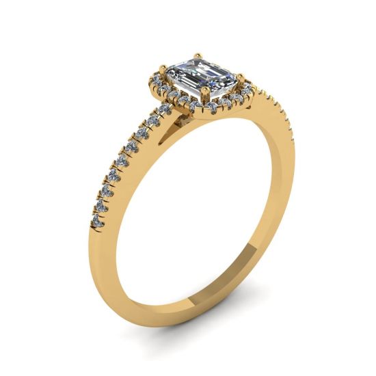 Bague en diamant taille émeraude avec halo en or jaune,  Agrandir l'image 4