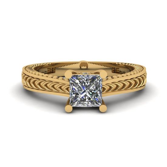 Bague en diamant taille princesse de style oriental en or jaune 18 carats, Agrandir l'image 1