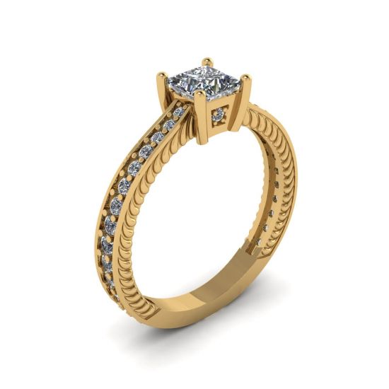 Bague en diamant princesse de style oriental avec pavé en or jaune 18 carats,  Agrandir l'image 4