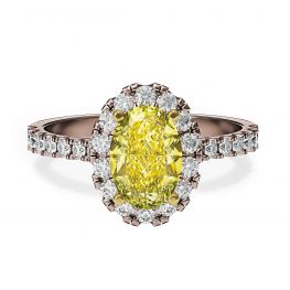 Bague ovale en diamant jaune de 1,13 ct avec halo en or rose