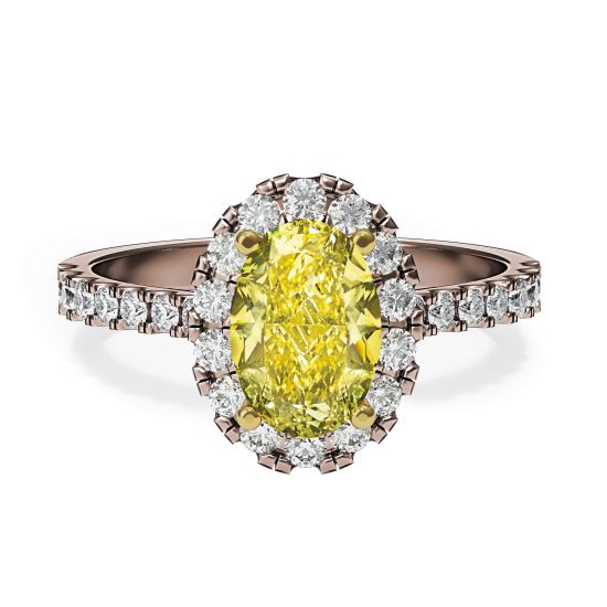 Bague ovale en diamant jaune de 1,13 ct avec halo en or rose, Image 1
