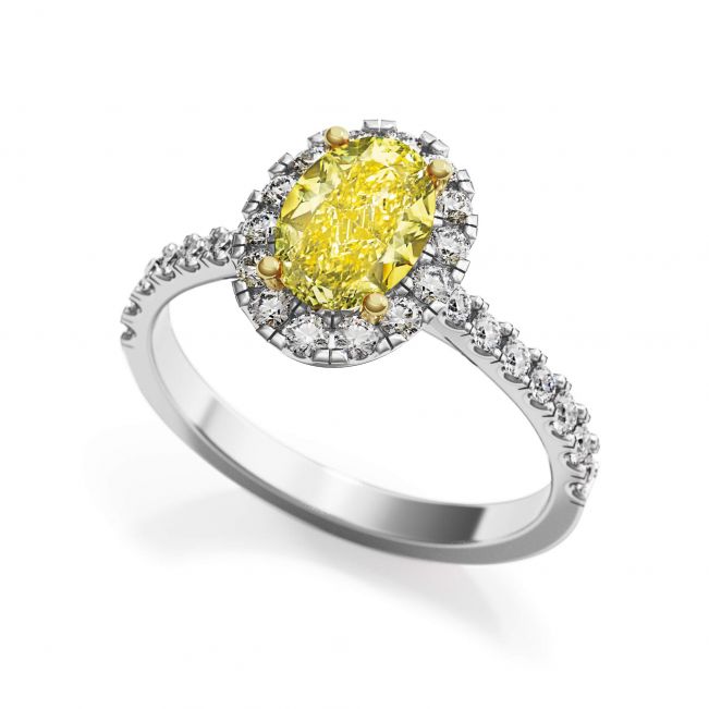Bague ovale en diamant jaune de 1,13 ct avec halo de diamants - Photo 2