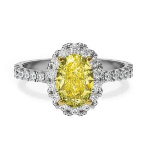 Bague ovale en diamant jaune de 1,13 ct avec halo de diamants