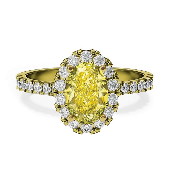 Bague ovale en diamant jaune de 1,13 ct avec halo en or jaune