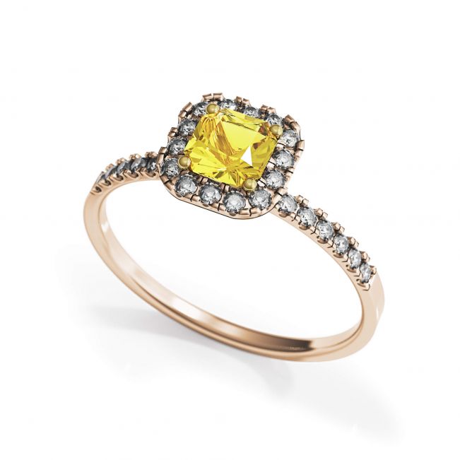 Bague diamant jaune coussin 0,5 ct avec halo en or rose - Photo 3