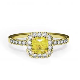 Bague diamant jaune coussin 0,5 ct avec halo or jaune