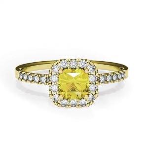 Bague diamant jaune coussin 0,5 ct avec halo or jaune