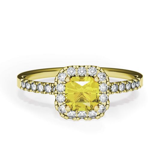 Bague diamant jaune coussin 0,5 ct avec halo or jaune, Agrandir l'image 1