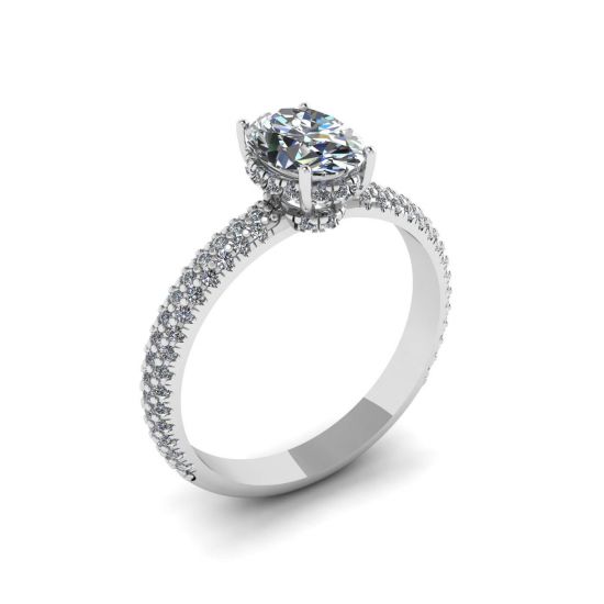 Bague en diamant ovale avec anneau pavé de diamants à trois rangs,  Agrandir l'image 4