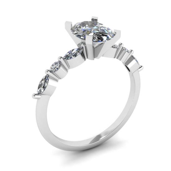 Bague Diamant Ovale Marquise Latéral et Pierres Rondes Or Blanc,  Agrandir l'image 4