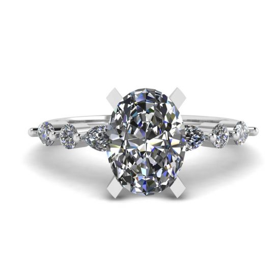 Bague Diamant Ovale Marquise Latéral et Pierres Rondes Or Blanc, Agrandir l'image 1