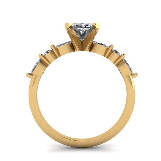 Bague Diamant Ovale Marquise Latéral et Pierres Rondes Or Jaune,  Agrandir l'image 2