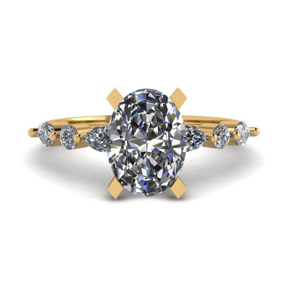 Bague Diamant Ovale Marquise Latéral et Pierres Rondes Or Jaune, Agrandir l'image 1