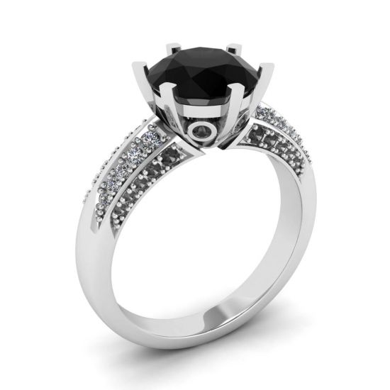 Bague Diamant Noir 6 Griffes avec Pavé Bicolore Or Blanc,  Agrandir l'image 4