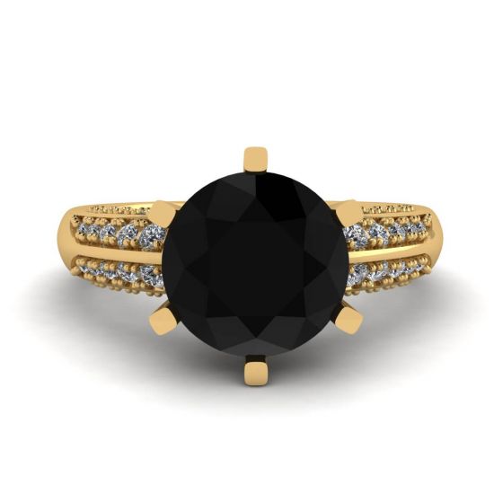 Bague Diamant Noir 6 Griffes avec Pavé Bicolore Or Jaune, Agrandir l'image 1