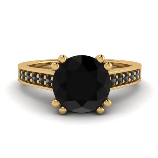 Bague en or jaune 18 carats avec diamant noir rond et pavé noir, Agrandir l'image 1