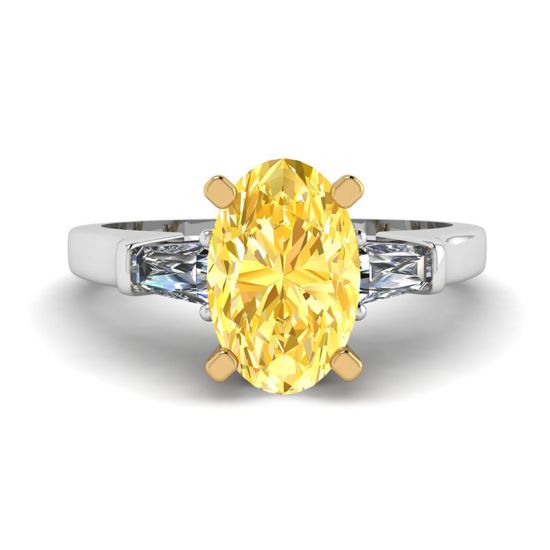 Bague ovale en diamant jaune avec baguettes latérales blanches, Image 1