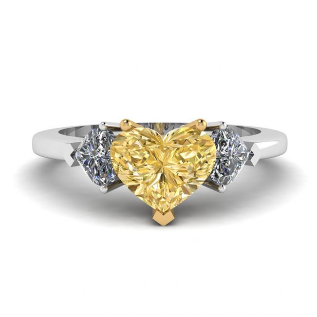 Bague 1 carat Diamant Coeur Jaune avec 2 Coeurs Latéraux