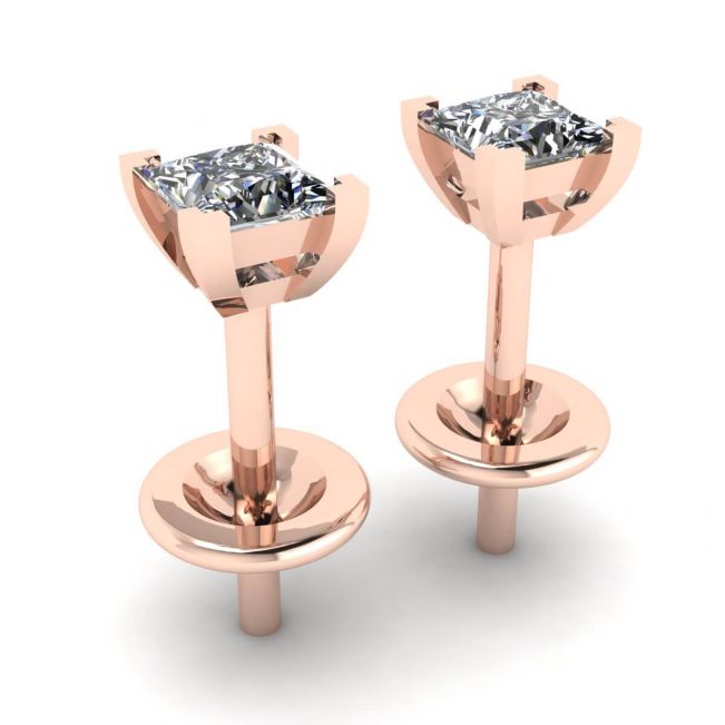 Boucles d'Oreilles Clous Diamant Taille Princesse Or Rose - Photo 2