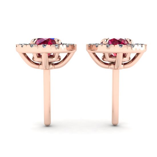 Boucles d'Oreilles Rubis avec Halo de Diamants Amovible Or Rose,  Agrandir l'image 2