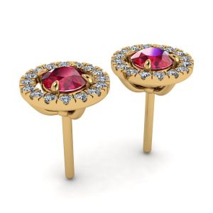 Boucles d'Oreilles Rubis avec Halo de Diamants Amovible Or Jaune - Photo 2