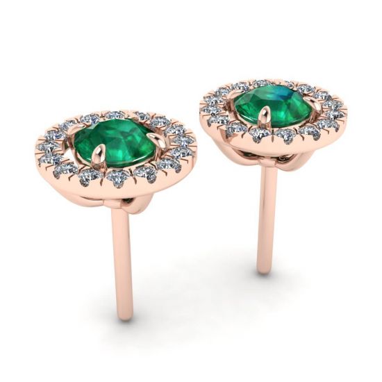 Boucles d'Oreilles Emeraude avec Halo de Diamants Amovible Or Rose, More Image 1