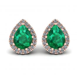 Boucles d'Oreilles Émeraude Poire avec Halo de Diamants Or Rose