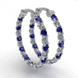 Boucles d'Oreilles Créoles Diamant et Saphir Or Blanc