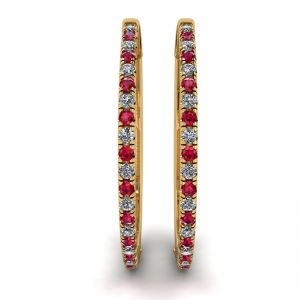 Boucles d'oreilles créoles en or jaune avec rubis et diamants - Photo 2