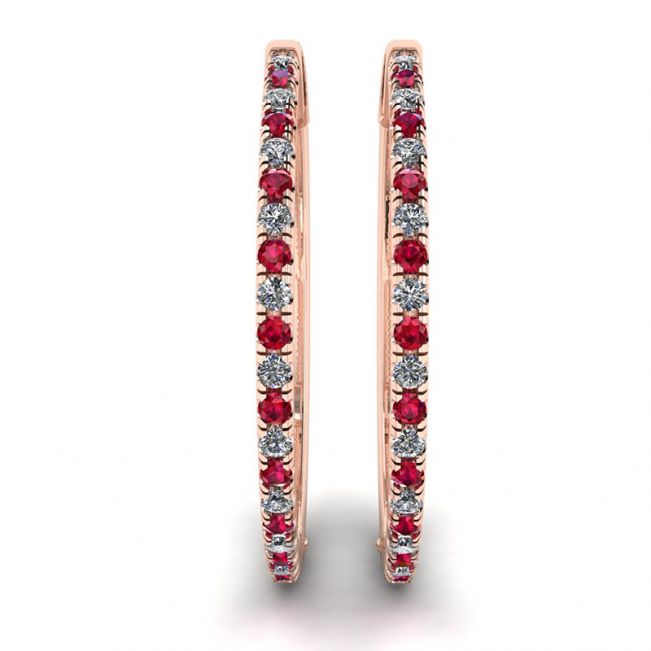 Boucles d'oreilles créoles en or rose avec rubis et diamants - Photo 2