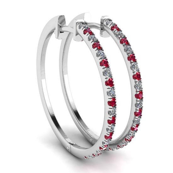 Boucles d'oreilles créoles en or blanc avec rubis et diamants, Agrandir l'image 1