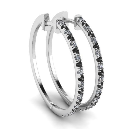 Boucles d'Oreilles Créoles Diamant Noir et Blanc Or Blanc, Image 1
