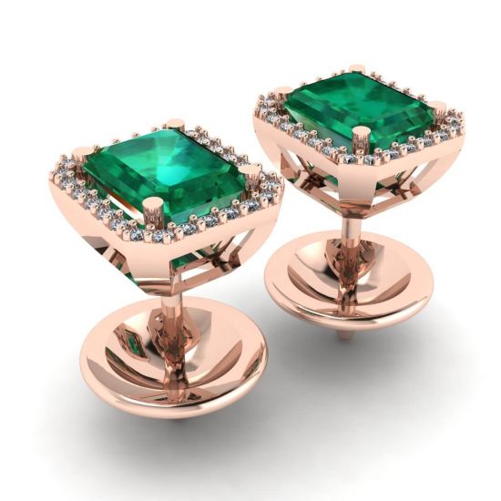 Boucles d'Oreilles Tige Emeraude 2 carats avec Halo de Diamants Or Rose, More Image 1