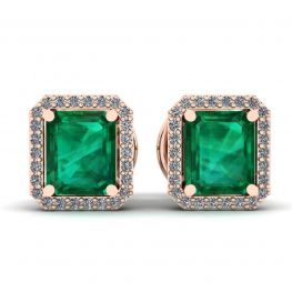 Boucles d'Oreilles Tige Emeraude 2 carats avec Halo de Diamants Or Rose