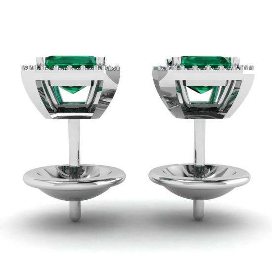 Boucles d'Oreilles Tige Emeraude 2 carats avec Halo de Diamants Or Blanc,  Agrandir l'image 2