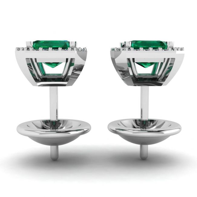 Boucles d'Oreilles Tige Emeraude 2 carats avec Halo de Diamants Or Blanc - Photo 1