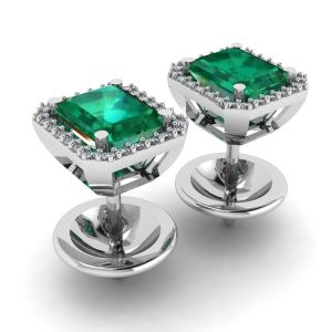 Boucles d'Oreilles Tige Emeraude 2 carats avec Halo de Diamants Or Blanc - Photo 2
