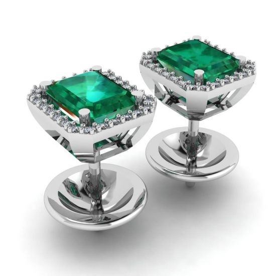 Boucles d'Oreilles Tige Emeraude 2 carats avec Halo de Diamants Or Blanc,  Agrandir l'image 3