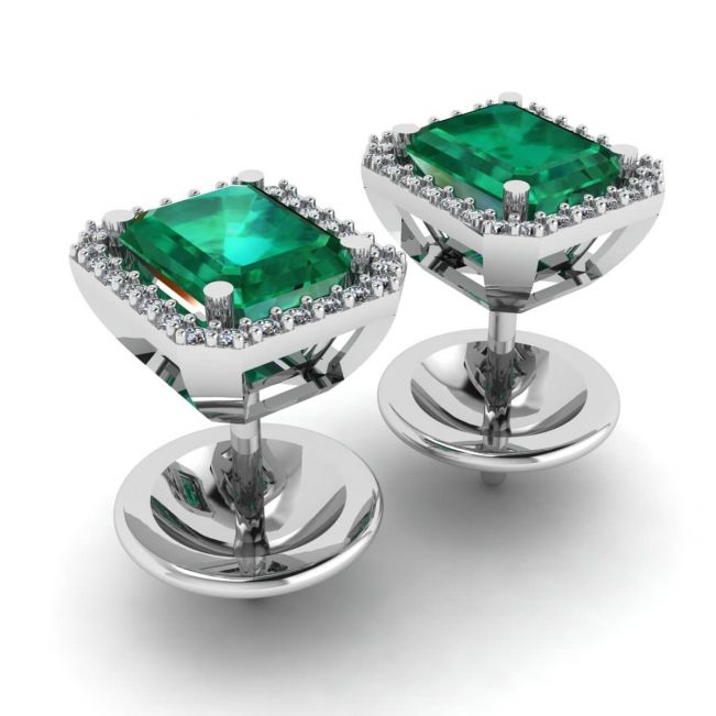 Boucles d'Oreilles Tige Emeraude 2 carats avec Halo de Diamants Or Blanc - Photo 2